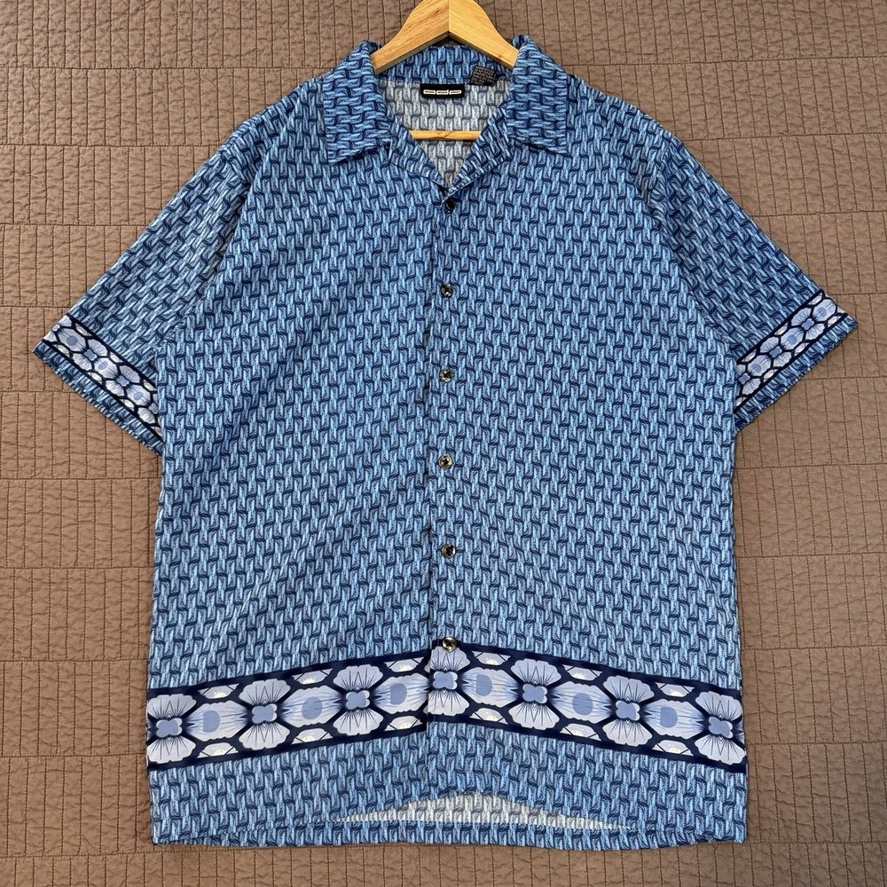 Vtg Y2K ODO Shirt Mens Large Blue Button Up Geometric Hawaiian AOP Surfer Skater